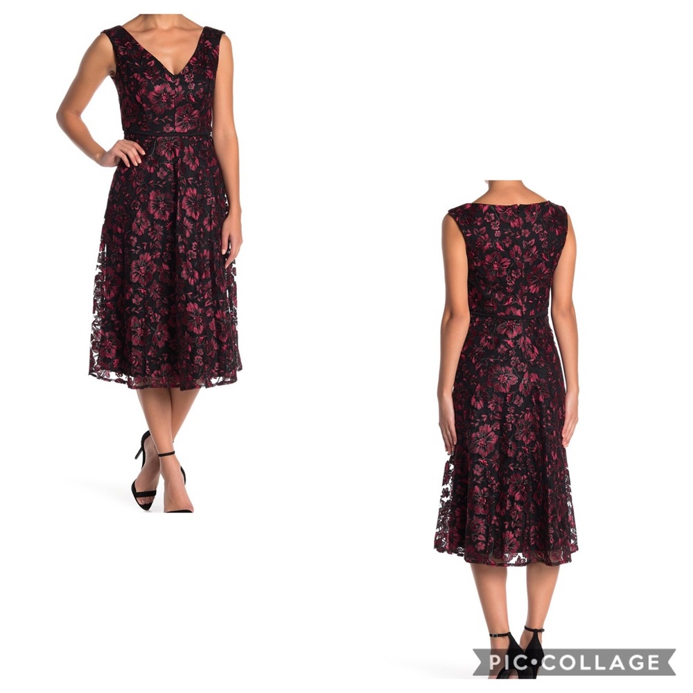 TAYLOR flare burgundy/black embroidered dress